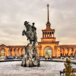 David of Sassoun statue and Yerevan Railway Station